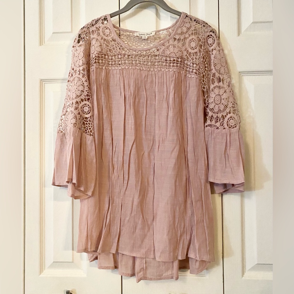 Band Crush Pink Bell Sleeve Blouse with Crochet Embellishments